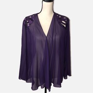Sheer Purple Open Wrap Cover Purple Sequins Laser Cut Long Sleeve Top Jacket